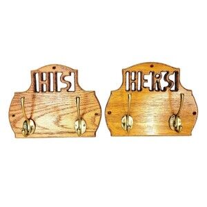 VTG His & Hers Wooden Brass Coat Robe Towel Wall Hooks Bedroom Closet Bathroom